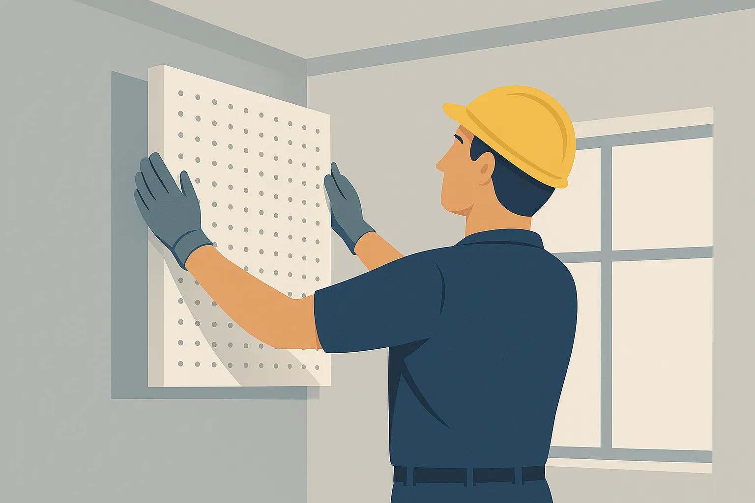 Fachgerechte Montage von Schallschutz-Wandabsorbern – Akustikbau Illustration von Trockenbau Plus