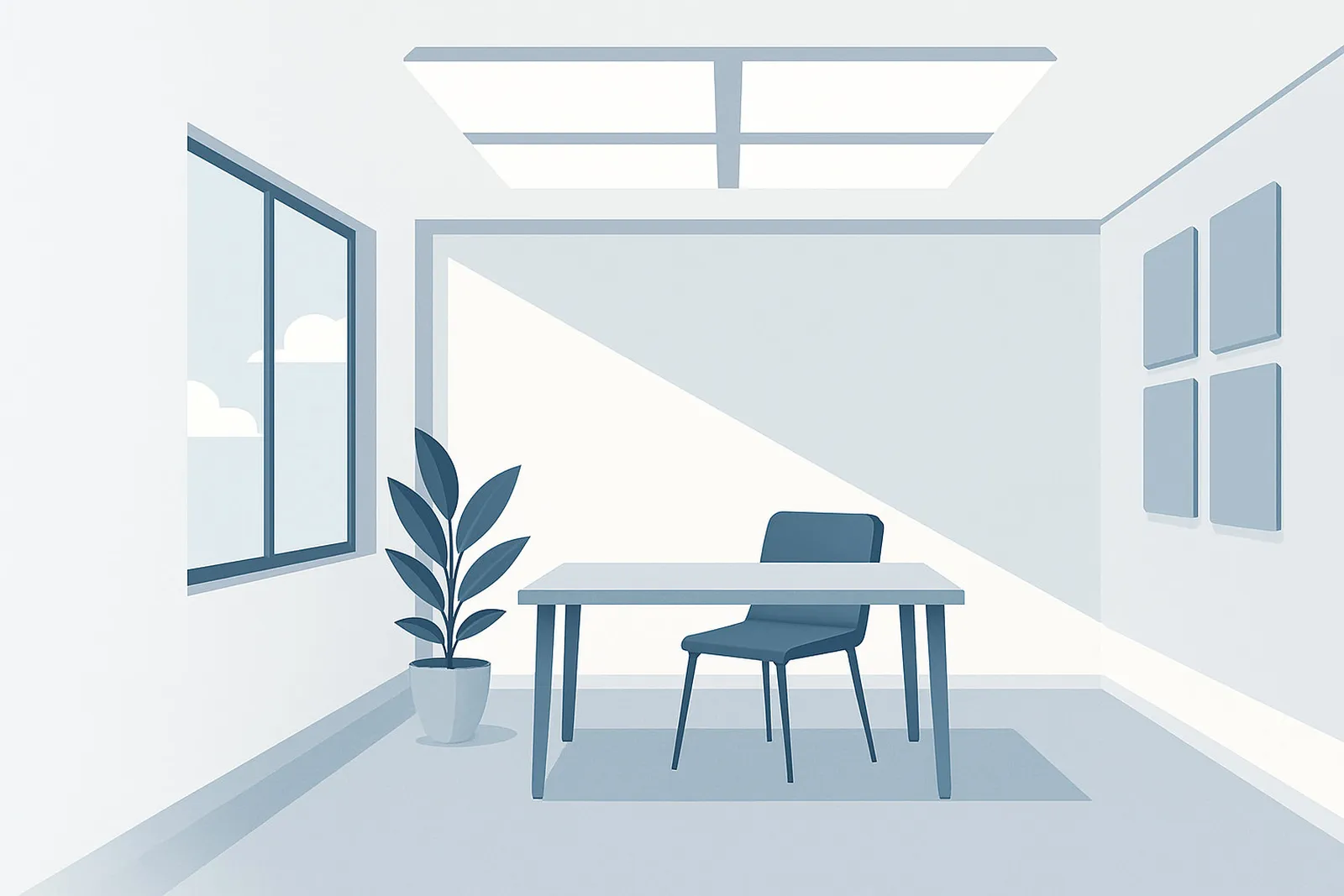 Illustration eines modernen, akustisch optimierten Büroraums mit Schallschutzdecken und Wandabsorbern – Trockenbau Plus Coesfeld