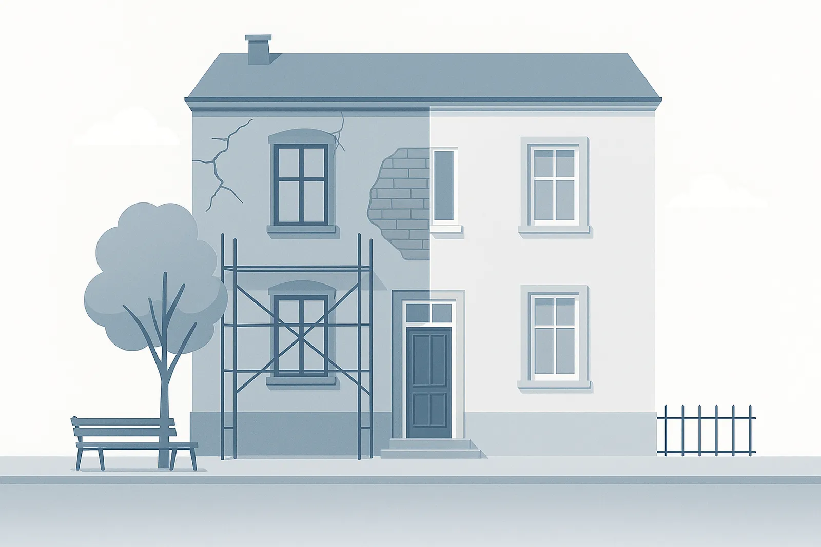 Illustration eines renovierten Altbaus mit sichtbarem Sanierungsprozess: linke Hausseite beschädigt mit Rissen und Gerüst, rechte Seite modernisiert – Trockenbau-Plus Coesfeld
