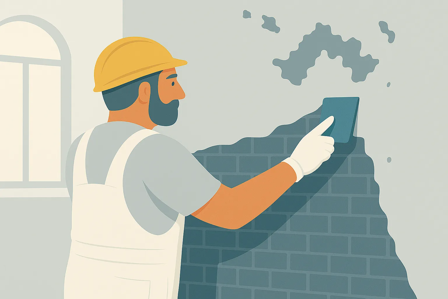 Illustration eines Bauarbeiters beim Verputzen einer Fassade während der Altbausanierung von Trockenbau-Plus in Coesfeld