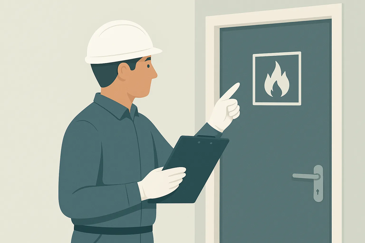 Illustration eines Brandschutzexperten bei der Inspektion einer Feuerschutztür mit Symbolkennzeichnung – Trockenbau Plus in Coesfeld