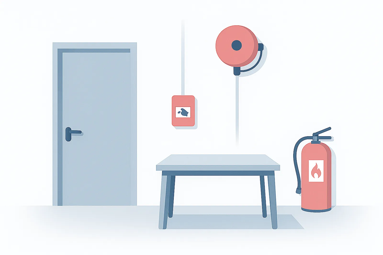 Illustration eines Raums mit Brandschutzelementen: Tür, Feuermelder, Löschschlauch und Feuerlöscher.