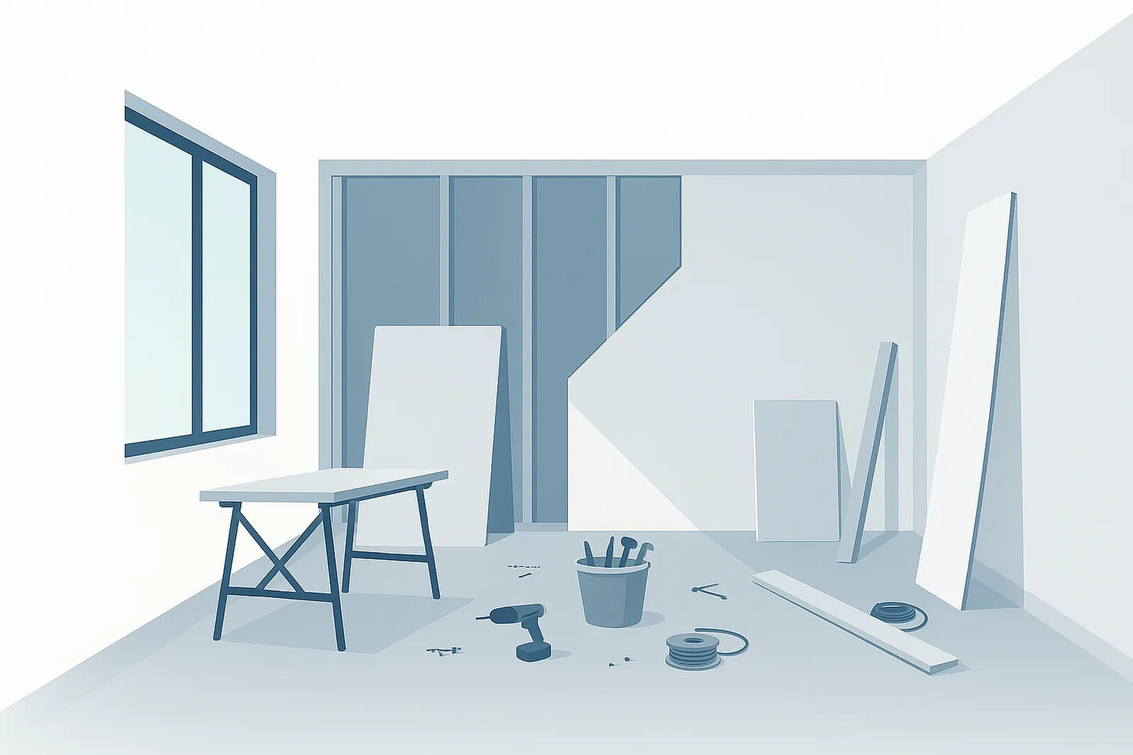 Illustration eines Innenausbau-Projekts mit Trockenbauwand in Arbeit, Werkzeugen und Materialien in einem hellen Raum – Trockenbau Plus in Coesfeld