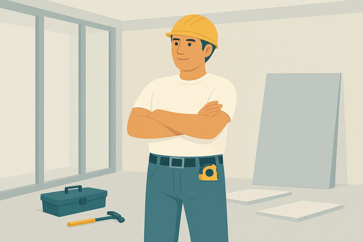 Illustration eines Trockenbau-Monteurs mit Werkzeug in einem hellen Rohbau – Trockenbau Plus in Coesfeld