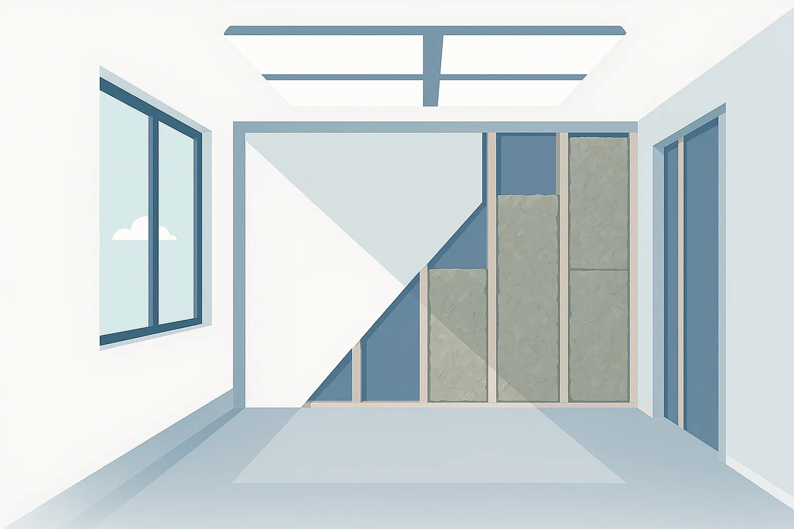 Illustration einer Innenwand mit sichtbarer Wärmedämmung in einem modern gestalteten Raum mit Tageslicht von Trockenbau Plus in Coesfeld