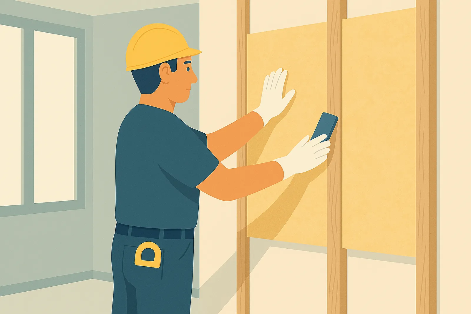 Facharbeiter montiert eine Dämmplatte an der Innenwand in einem hellen Raum – Illustration für professionelle Wärmedämmung von Trockenbau Plus